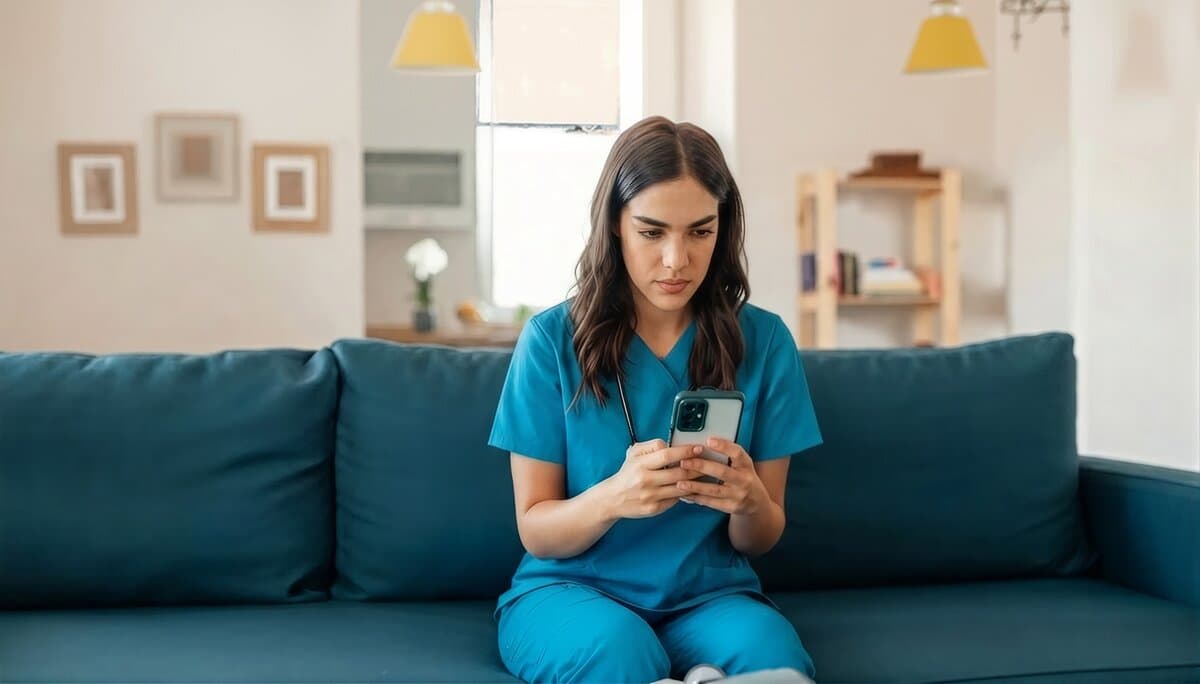 Cuidadora reportando el día de su paciente desde su teléfono
