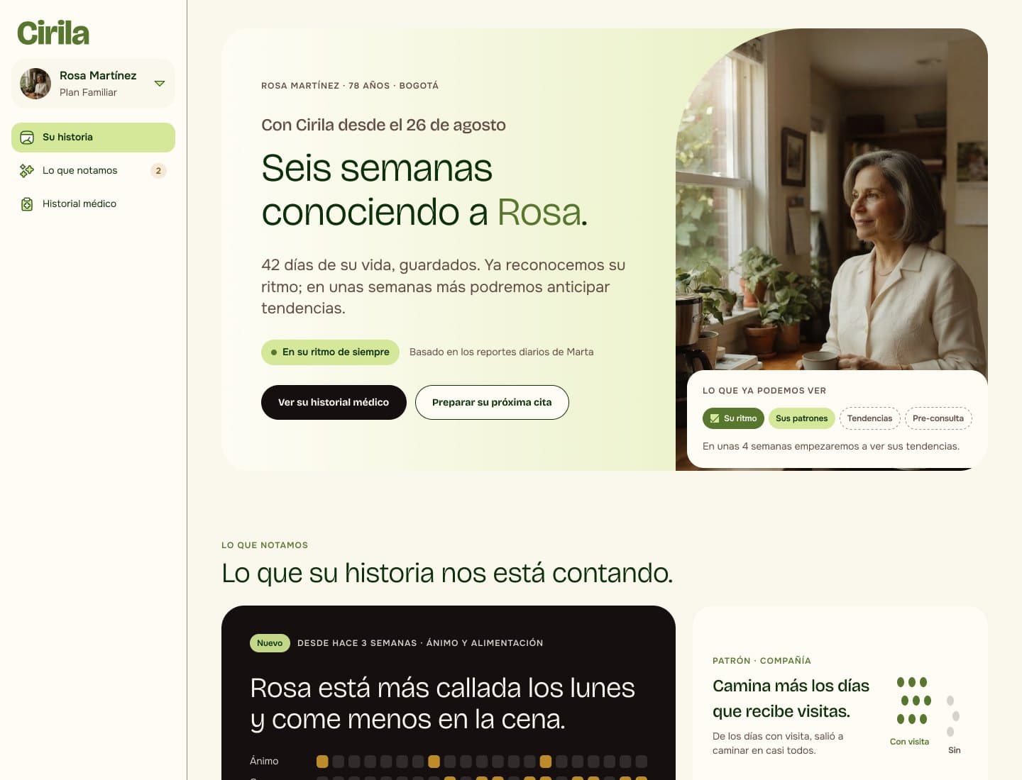 Dashboard de Cirila con la historia de Rosa: su ritmo, lo que Cirila ha notado y su próxima cita