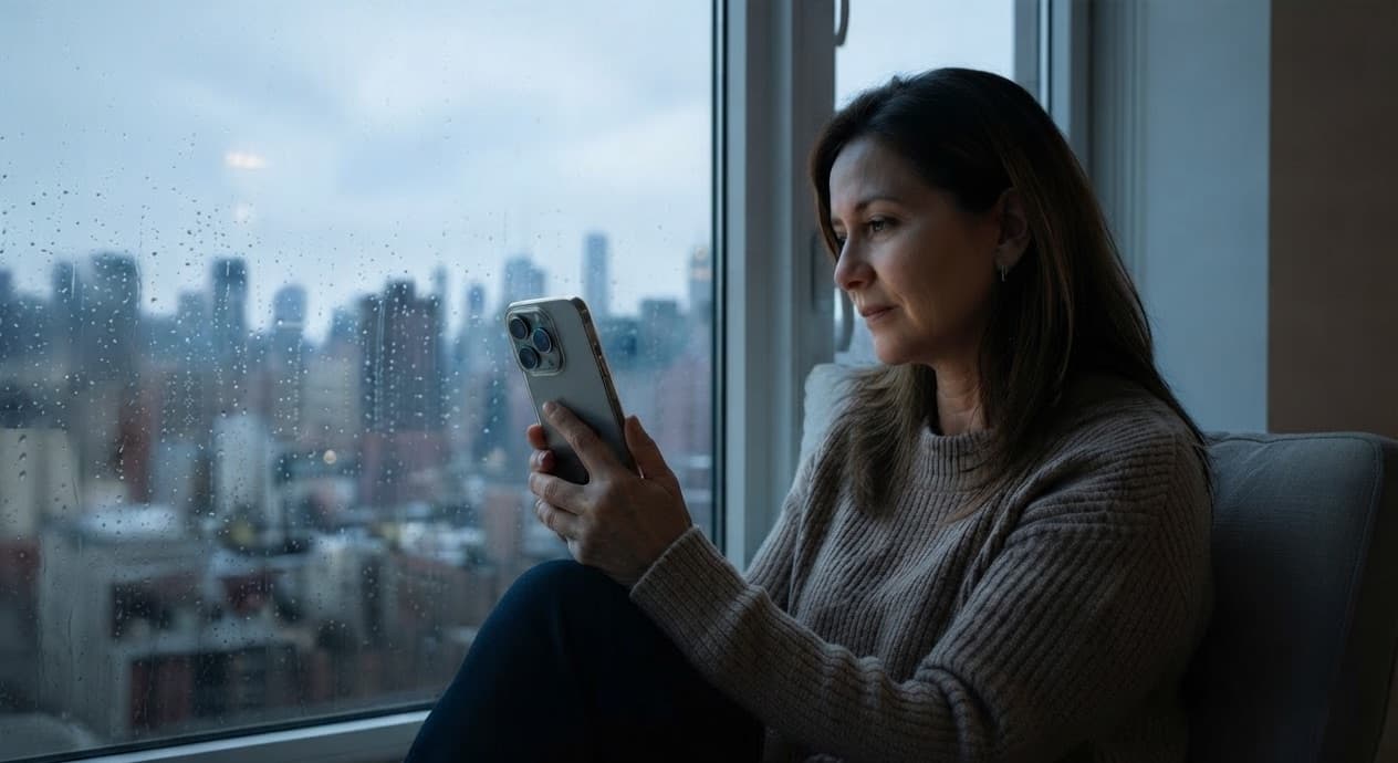 Una mujer lejos de casa mira su teléfono junto a la ventana
